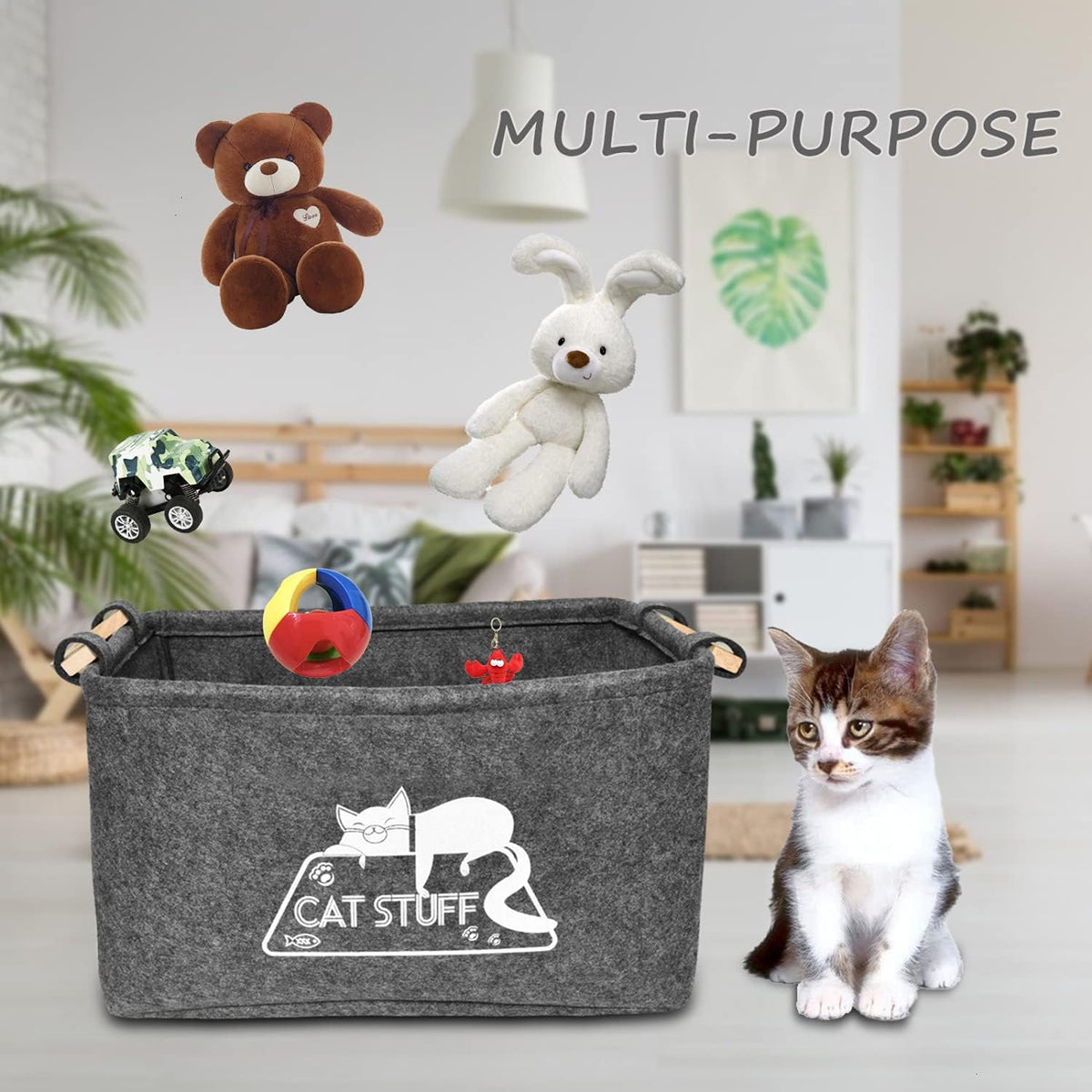 Cat Toy Box, Cat Toy Storage Basket with Handles, Felt Pet Toy Basket Pet Supplies Storage Bin, Perfect for Organizing Cat Toys and Accessories