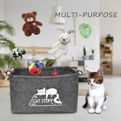 Cat Toy Box, Cat Toy Storage Basket with Handles, Felt Pet Toy Basket Pet Supplies Storage Bin, Perfect for Organizing Cat Toys and Accessories