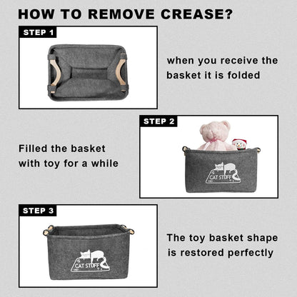 Cat Toy Box, Cat Toy Storage Basket with Handles, Felt Pet Toy Basket Pet Supplies Storage Bin, Perfect for Organizing Cat Toys and Accessories