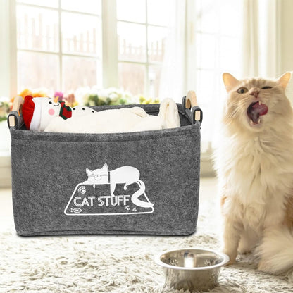 Cat Toy Box, Cat Toy Storage Basket with Handles, Felt Pet Toy Basket Pet Supplies Storage Bin, Perfect for Organizing Cat Toys and Accessories